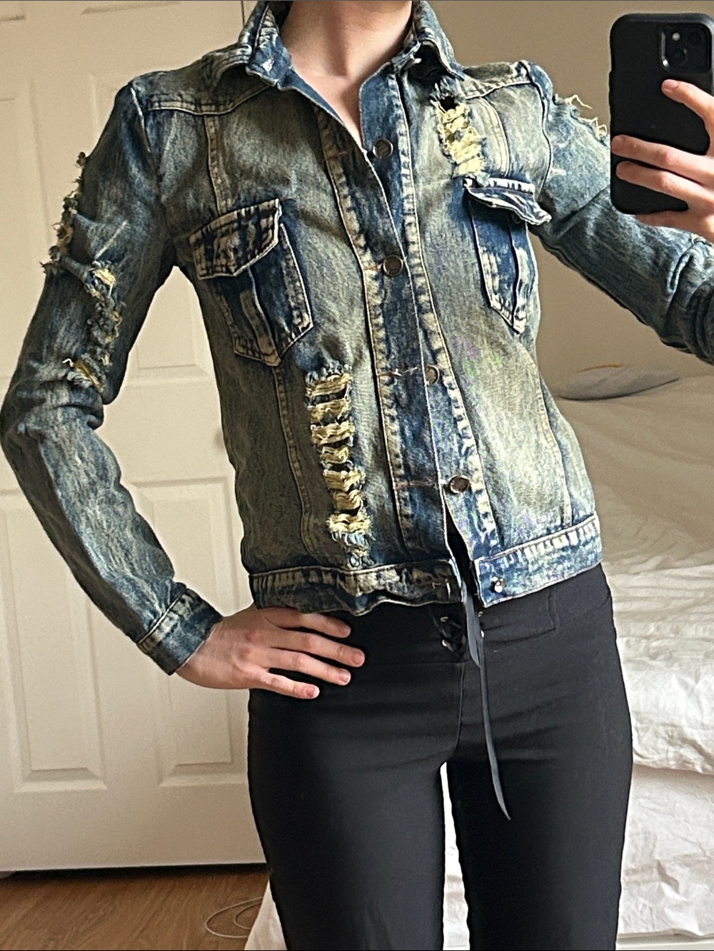 Distressed Denim Jacket - Faded Blue